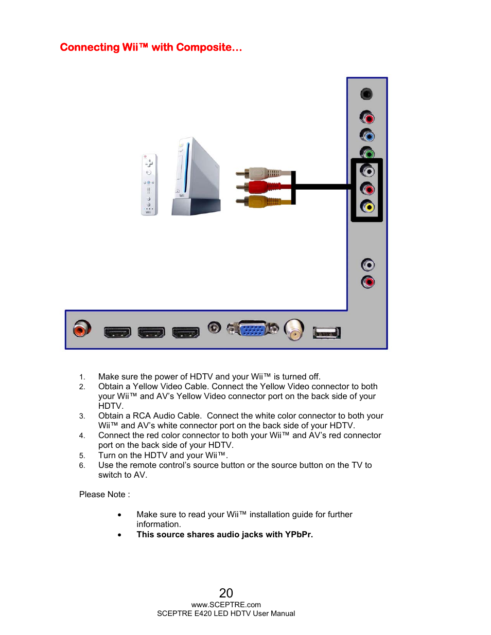 Connecting wii™ with composite | Sceptre E425BV-FHDD User Manual | Page 20 / 56