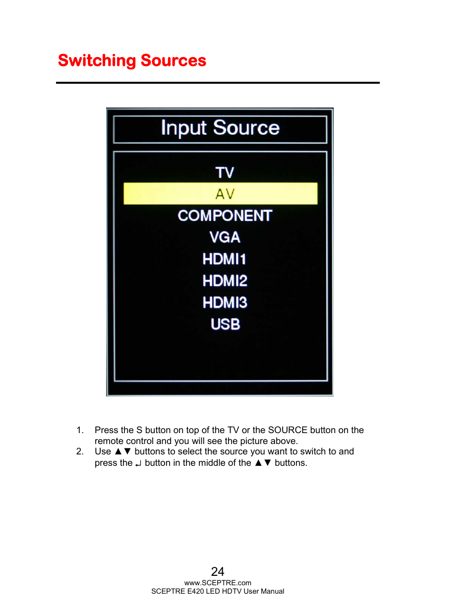 Switching sources | Sceptre E425BV-FHDD User Manual | Page 24 / 56