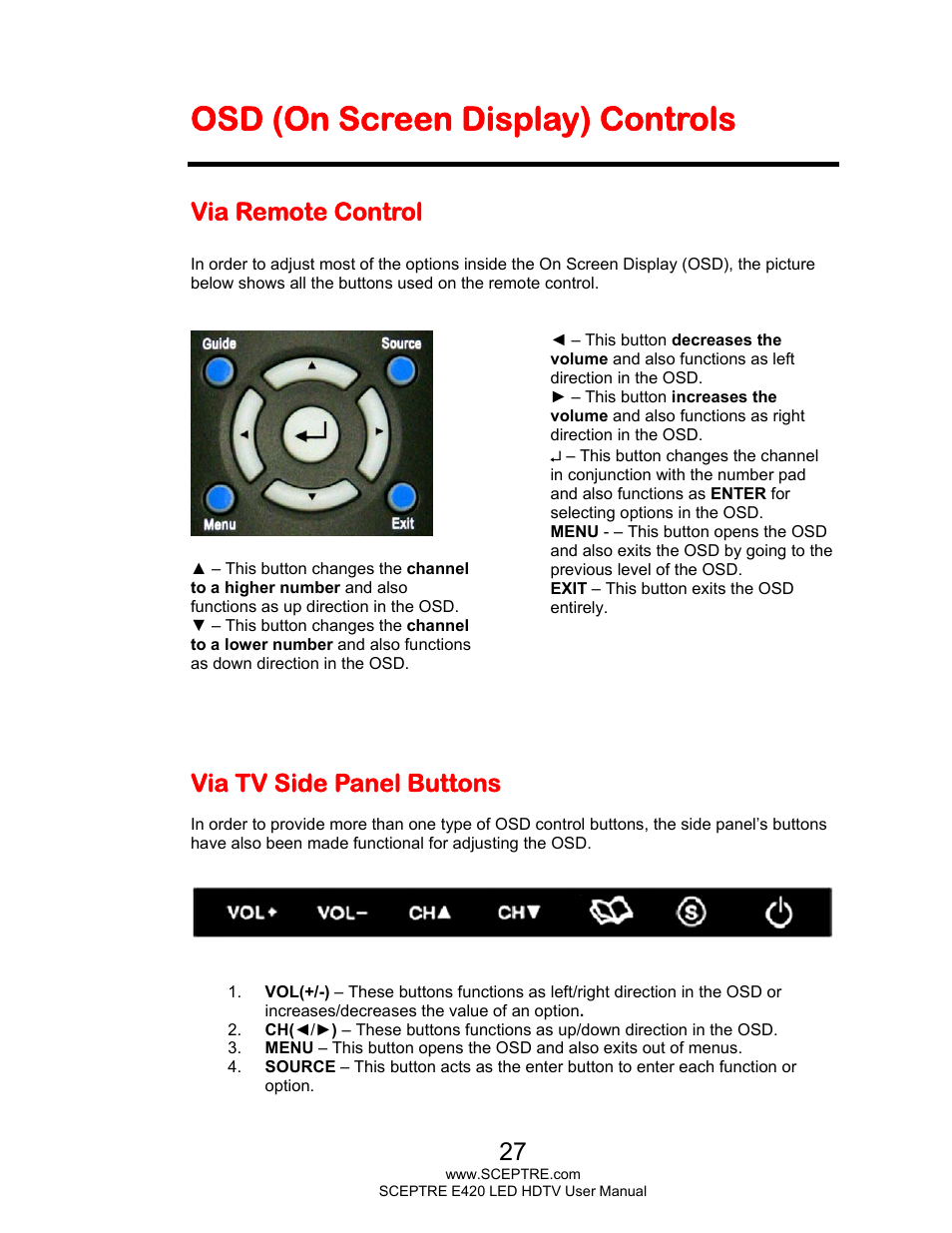 Osd (on screen display) controls, Via remote control, Via tv side panel buttons | Sceptre E425BV-FHDD User Manual | Page 27 / 56