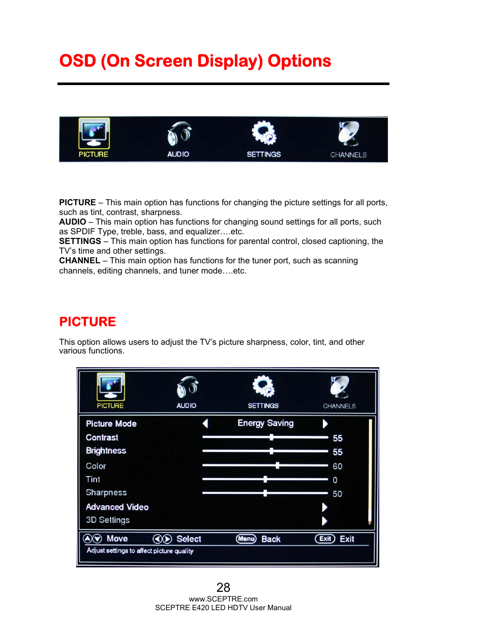 Osd (on screen display) options, Picture | Sceptre E425BV-FHDD User Manual | Page 28 / 56