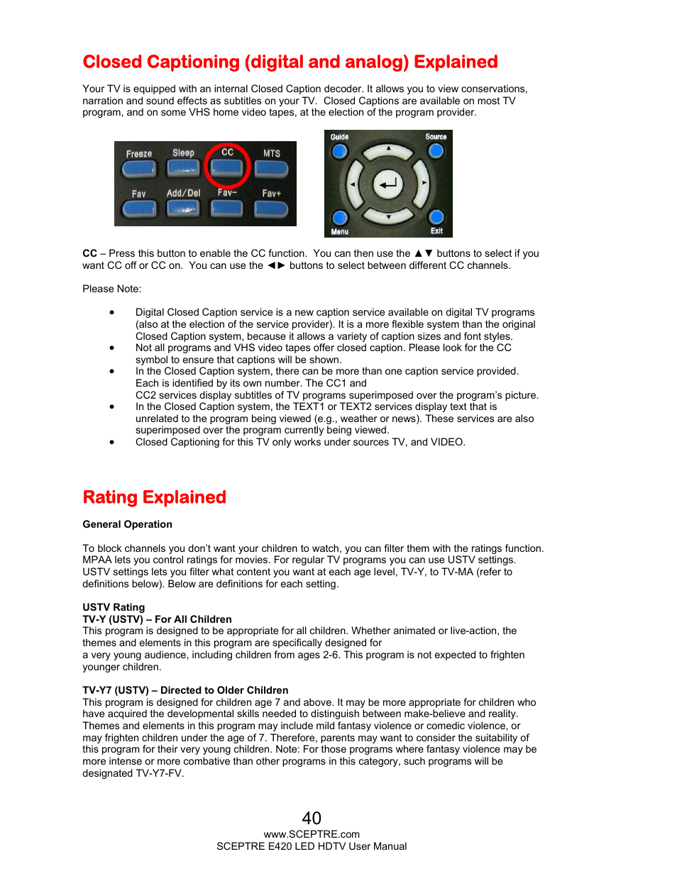 Closed captioning (digital and analog) explained, Rating explained | Sceptre E425BV-FHDD User Manual | Page 40 / 56