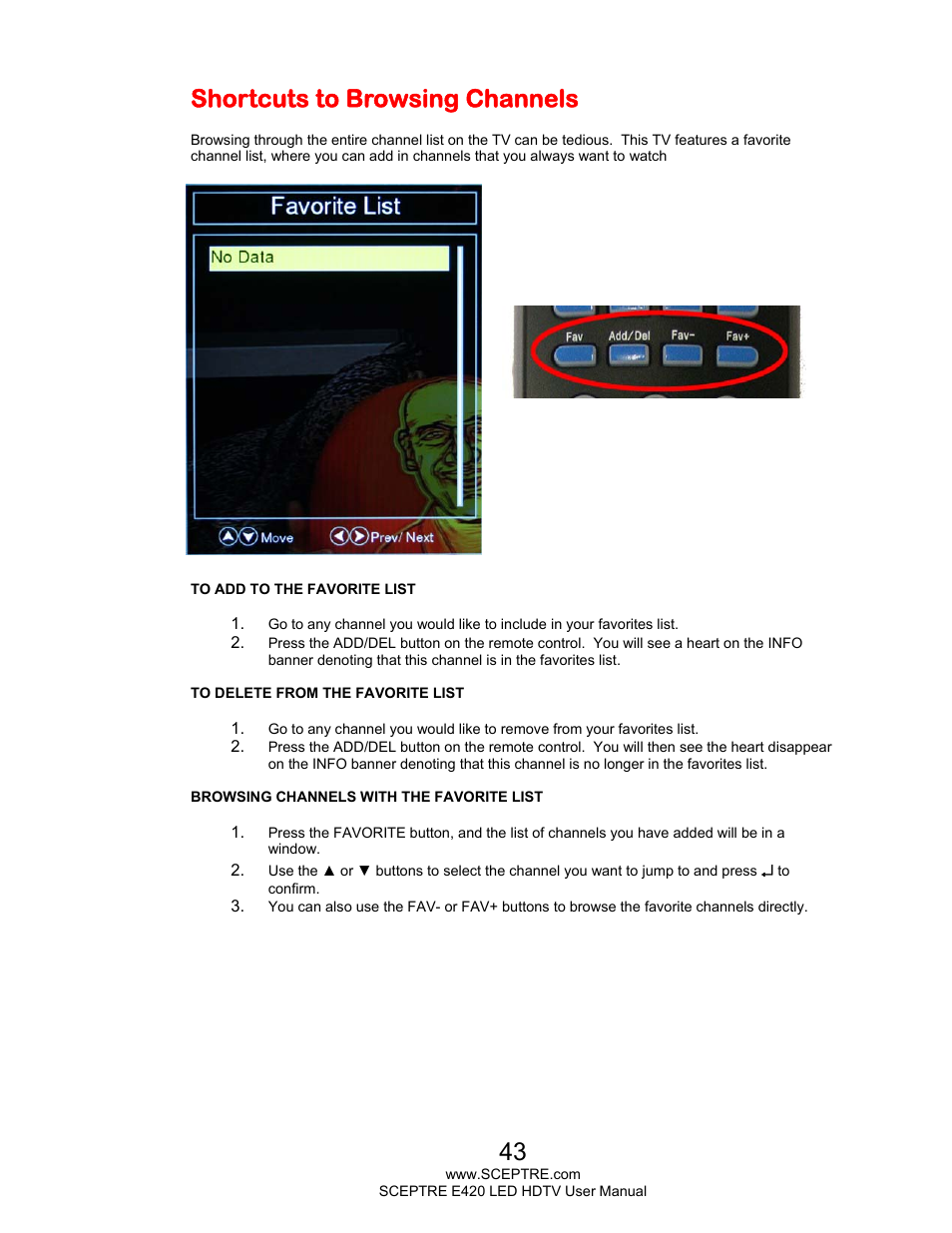 Shortcuts to browsing channels | Sceptre E425BV-FHDD User Manual | Page 43 / 56