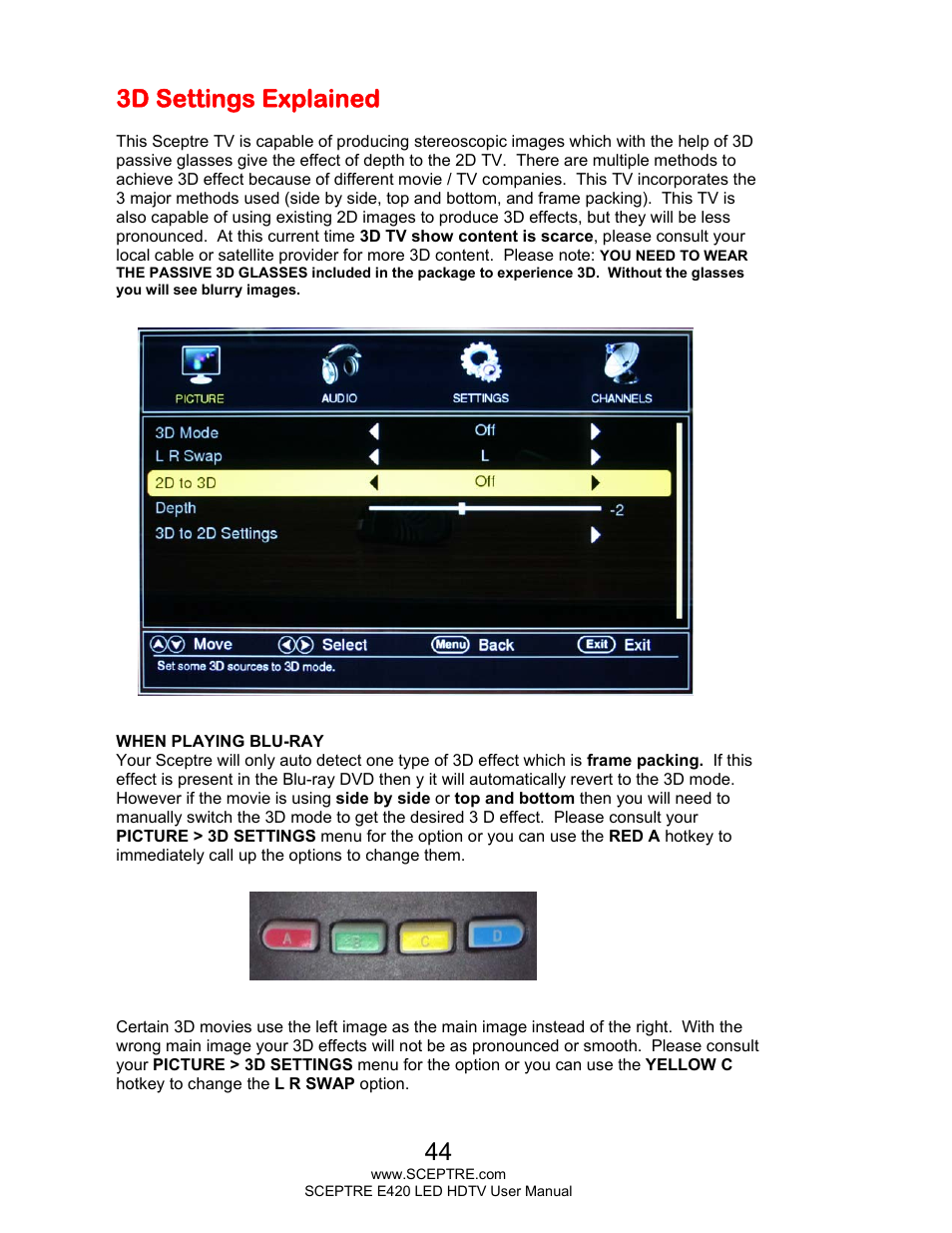 3d settings explained | Sceptre E425BV-FHDD User Manual | Page 44 / 56