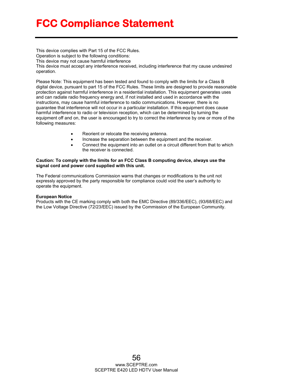 Fcc compliance statement | Sceptre E425BV-FHDD User Manual | Page 56 / 56