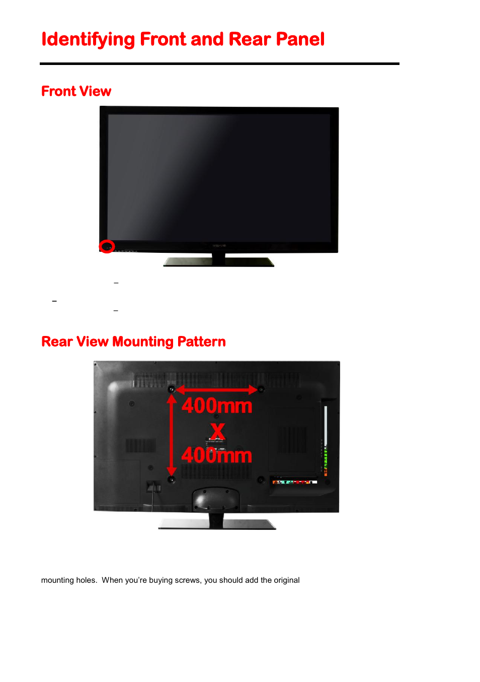 Identifying front and rear panel, Front view, Rear view mounting pattern | Sceptre E478BV-FMDU User Manual | Page 10 / 55