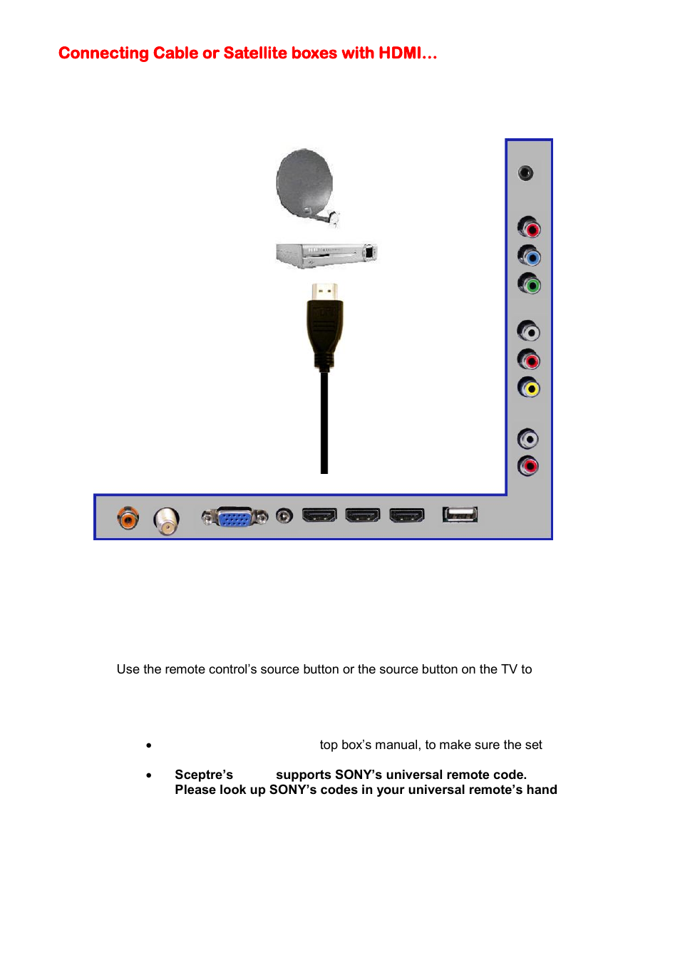 Connecting cable or satellite boxes with hdmi | Sceptre E478BV-FMDU User Manual | Page 20 / 55