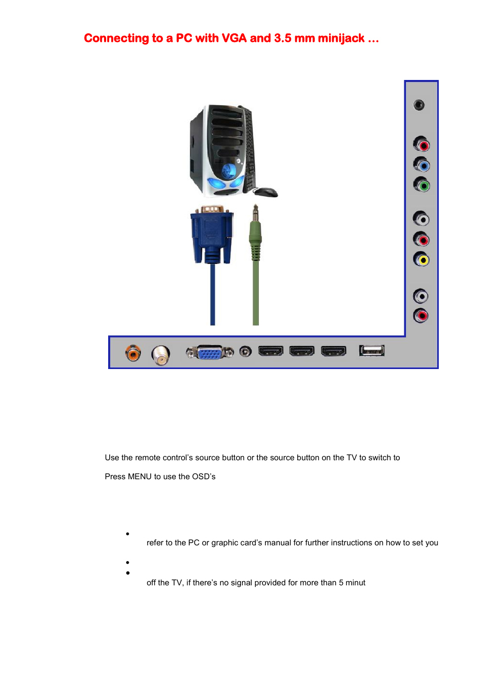 Connecting to a pc with vga and 3.5 mm minijack | Sceptre E478BV-FMDU User Manual | Page 21 / 55