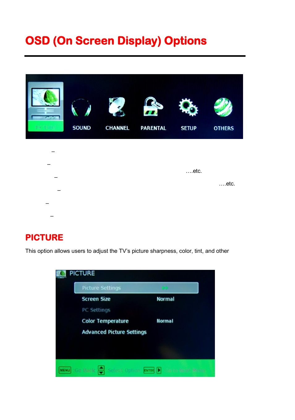 Osd (on screen display) options, Picture | Sceptre E478BV-FMDU User Manual | Page 26 / 55