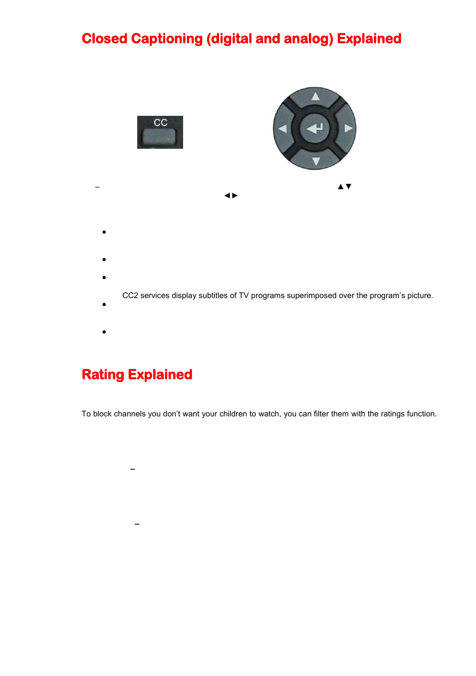 Closed captioning (digital and analog) explained, Rating explained | Sceptre E478BV-FMDU User Manual | Page 39 / 55