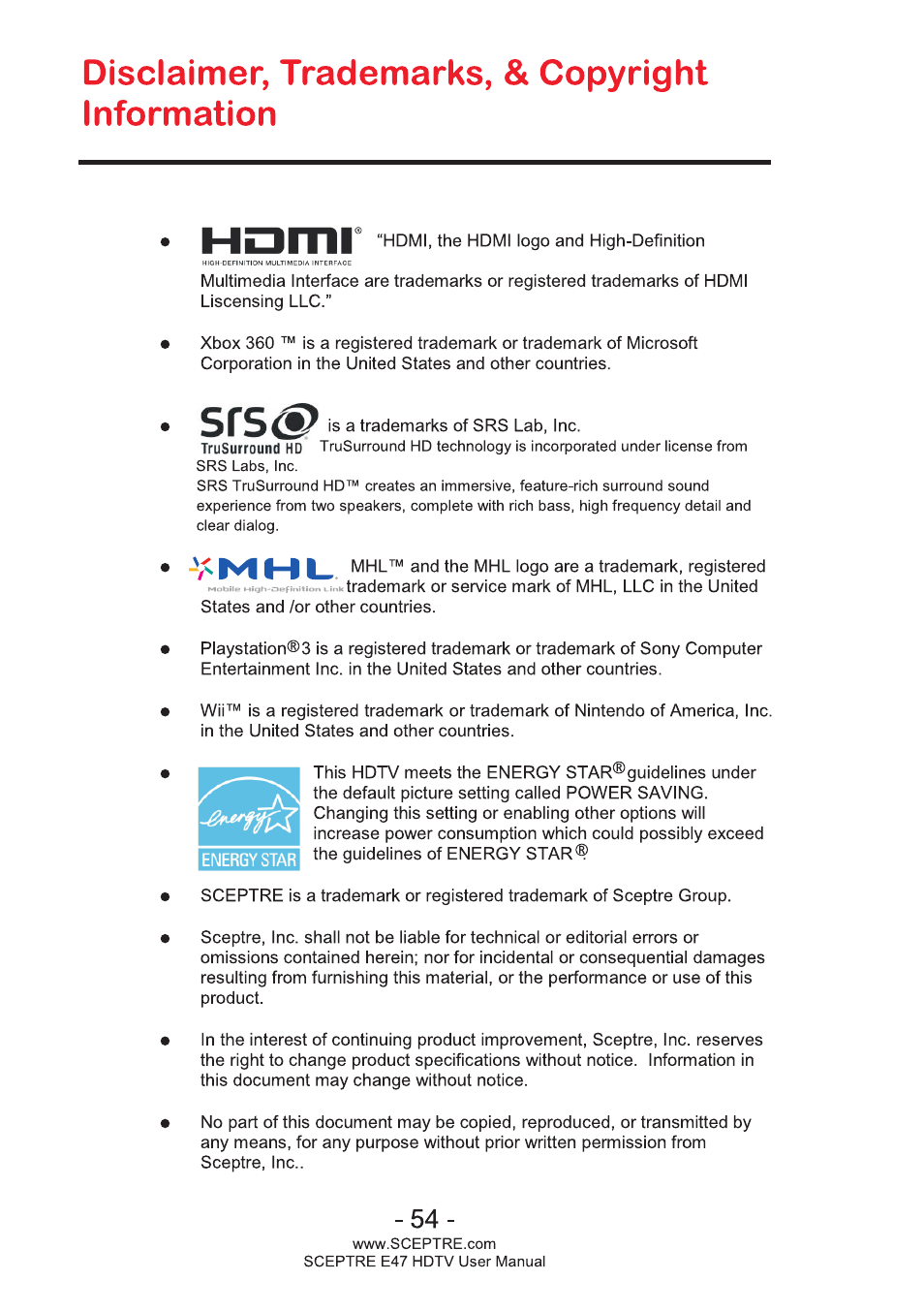 Disclaimer, trademarks, & copyright information | Sceptre E478BV-FMDU User Manual | Page 54 / 55