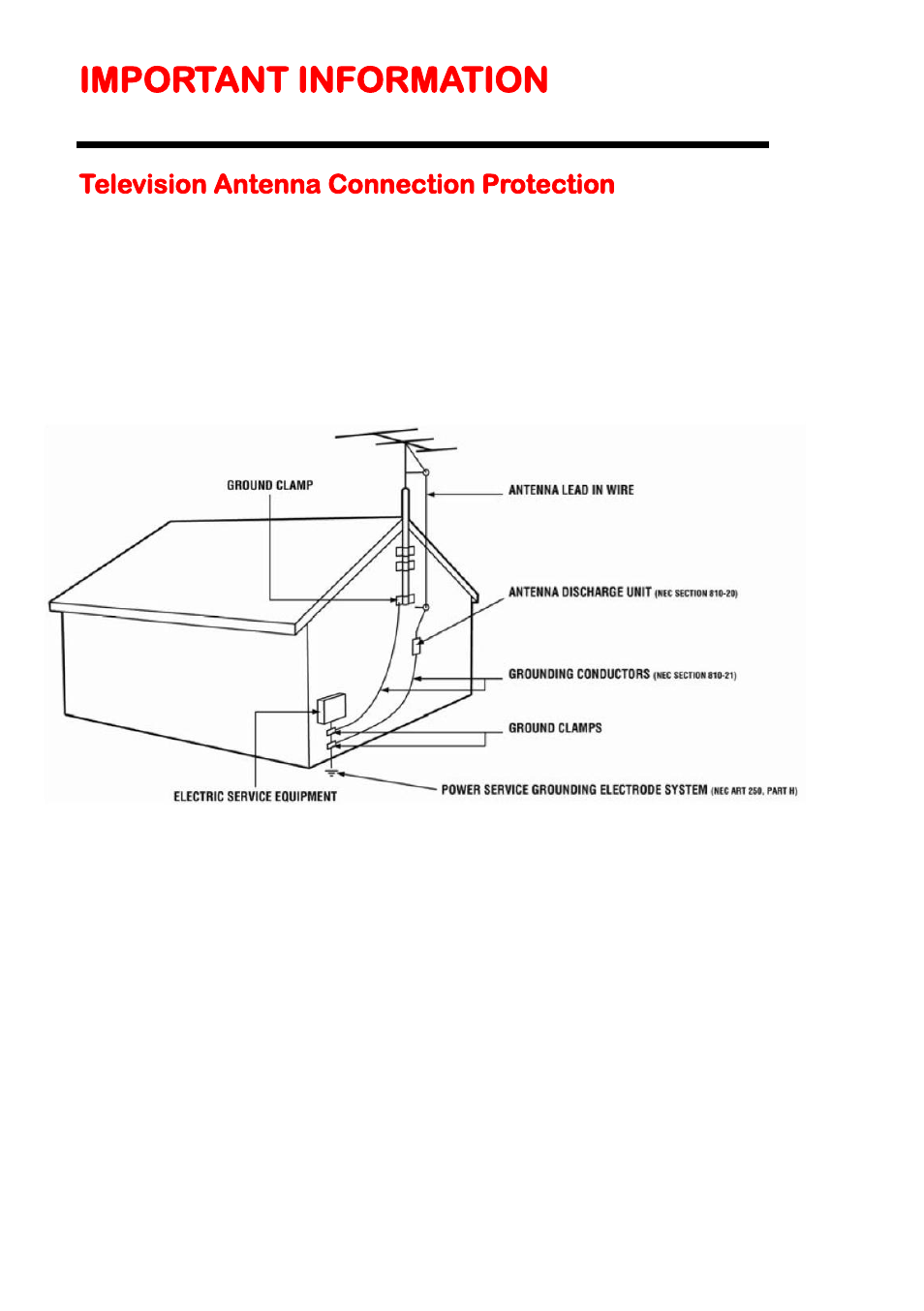 Important information, Television antenna connection protection | Sceptre E478BV-FMDU User Manual | Page 6 / 55