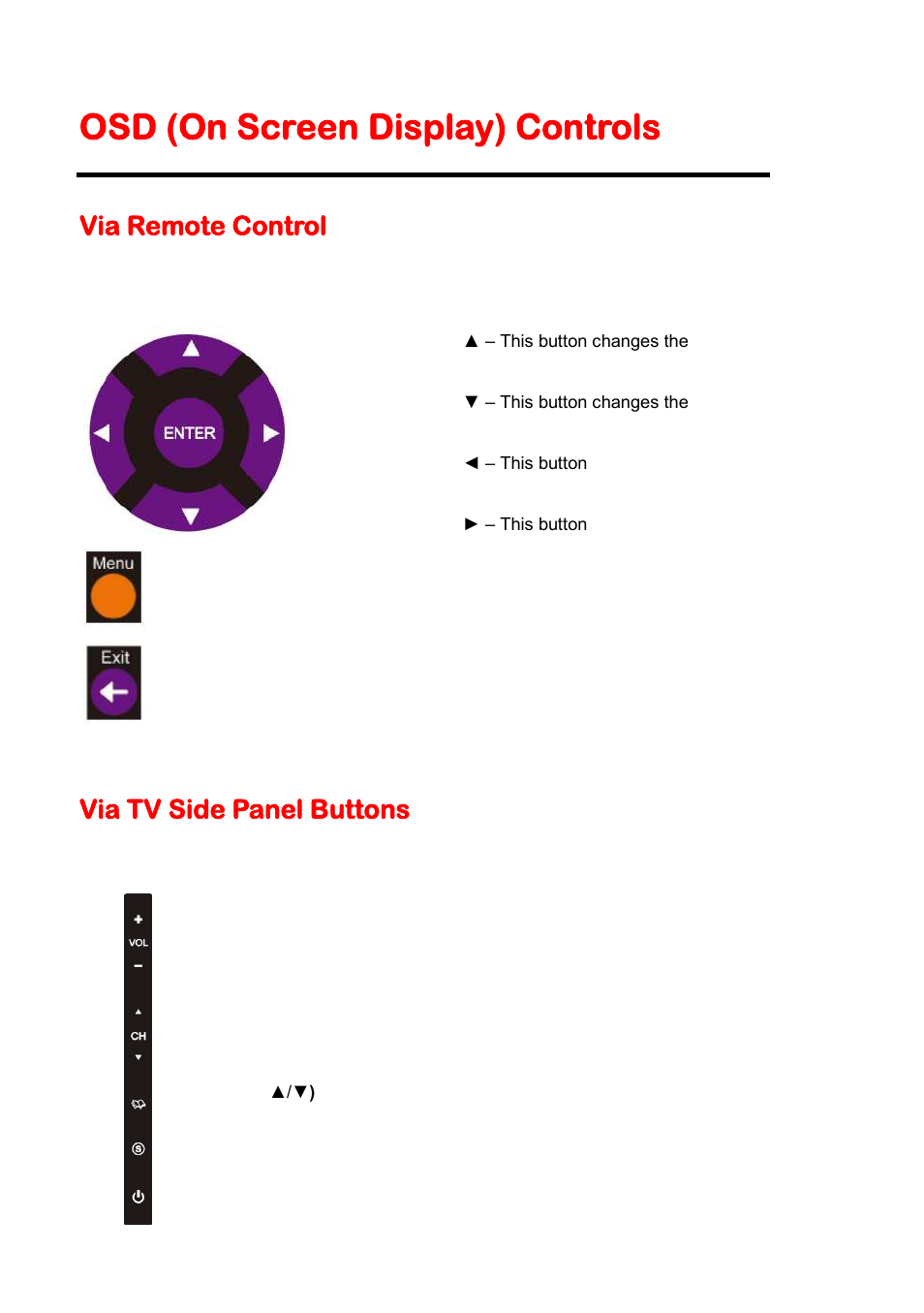 Osd (on screen display) controls, Via remote control, Via tv side panel buttons | Sceptre X405BV-FHDR User Manual | Page 26 / 54