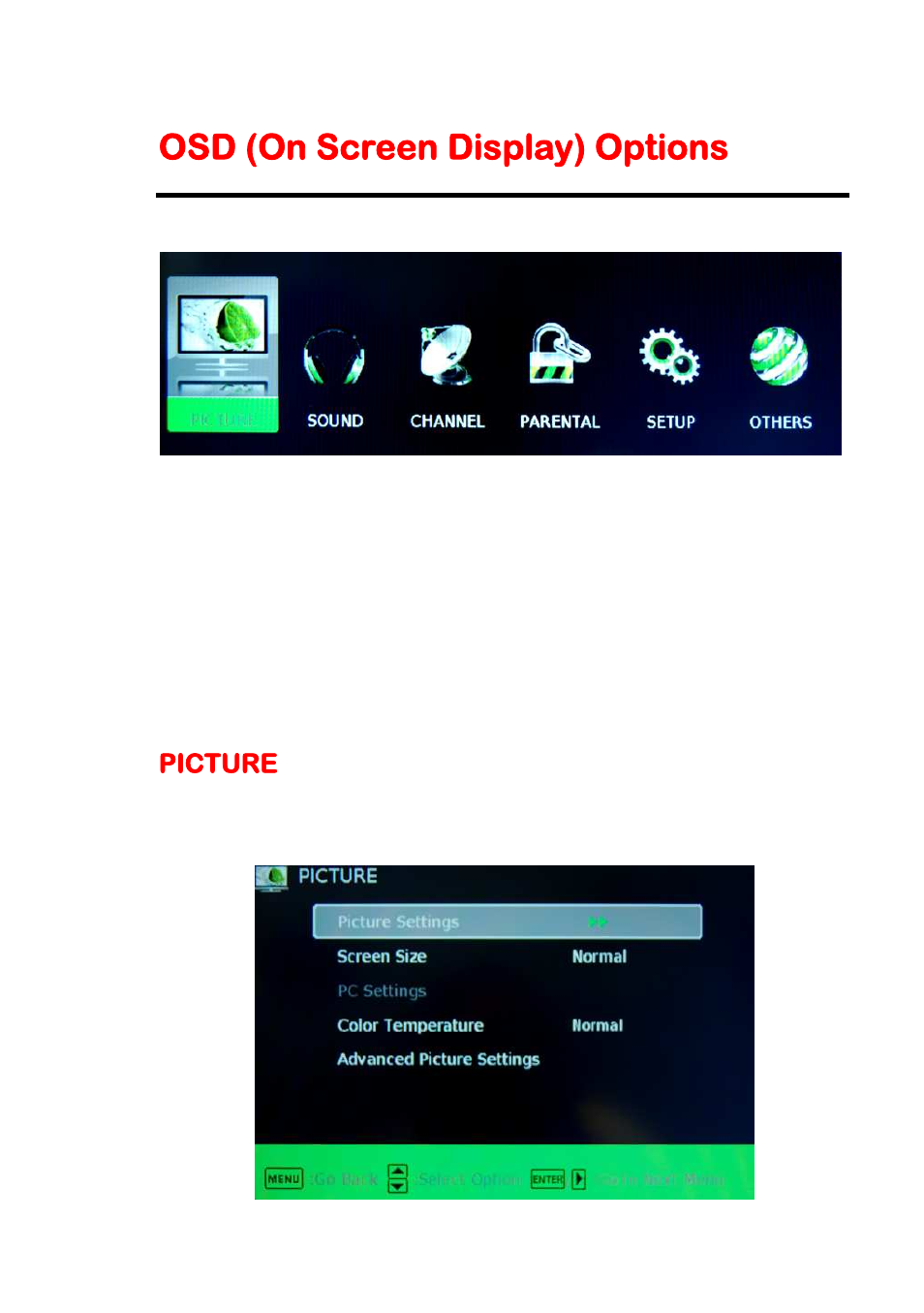 Osd (on screen display) options, Picture | Sceptre X405BV-FHDR User Manual | Page 27 / 54