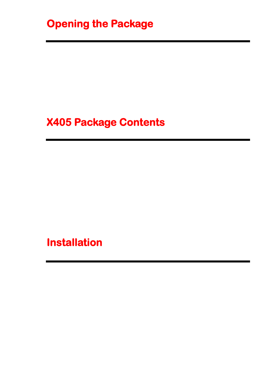 Opening the package, X405 package contents, Installation | Sceptre X405BV-FHDR User Manual | Page 7 / 54