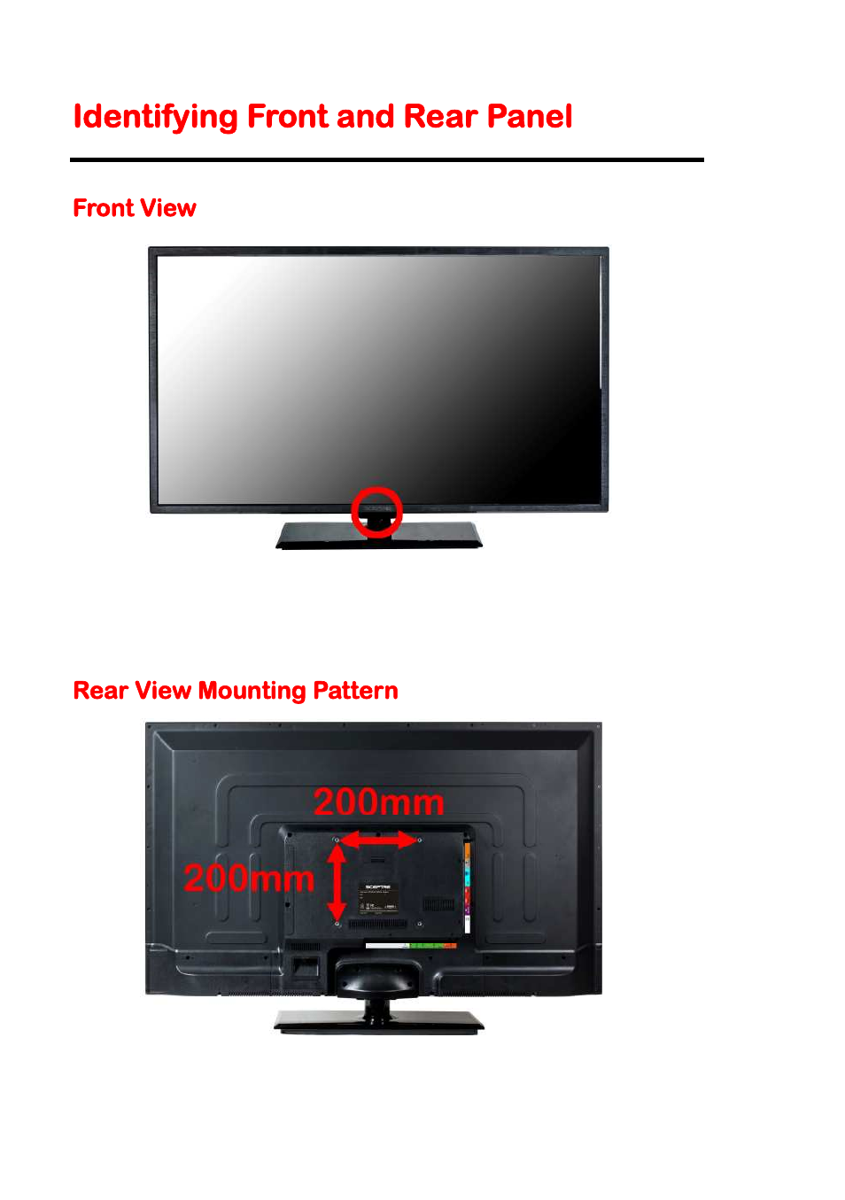 Identifying front and rear panel, Front view, Rear view mounting pattern | Sceptre X505BV-FMDR User Manual | Page 10 / 58