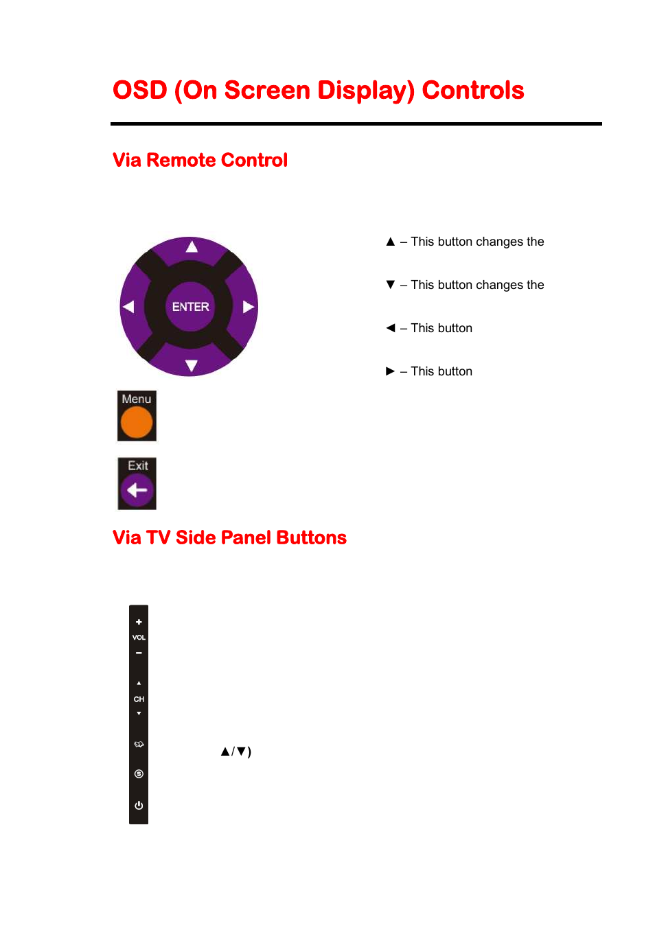 Osd (on screen display) controls, Via remote control, Via tv side panel buttons | Sceptre X505BV-FMDR User Manual | Page 25 / 58