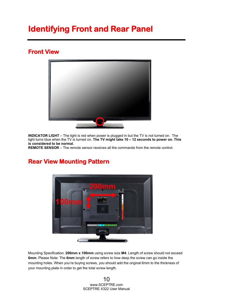 Identifying front and rear panel, Front view, Rear view mounting pattern | Sceptre X322UV-HDR User Manual | Page 10 / 52