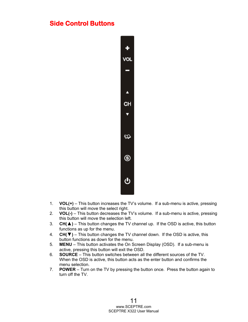 Side control buttons | Sceptre X322UV-HDR User Manual | Page 11 / 52