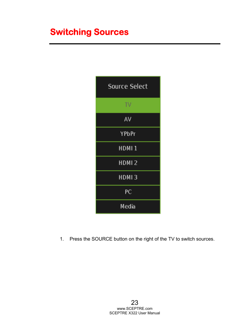Switching sources | Sceptre X322UV-HDR User Manual | Page 23 / 52