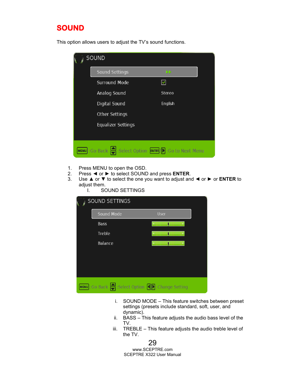 Sound | Sceptre X322UV-HDR User Manual | Page 29 / 52