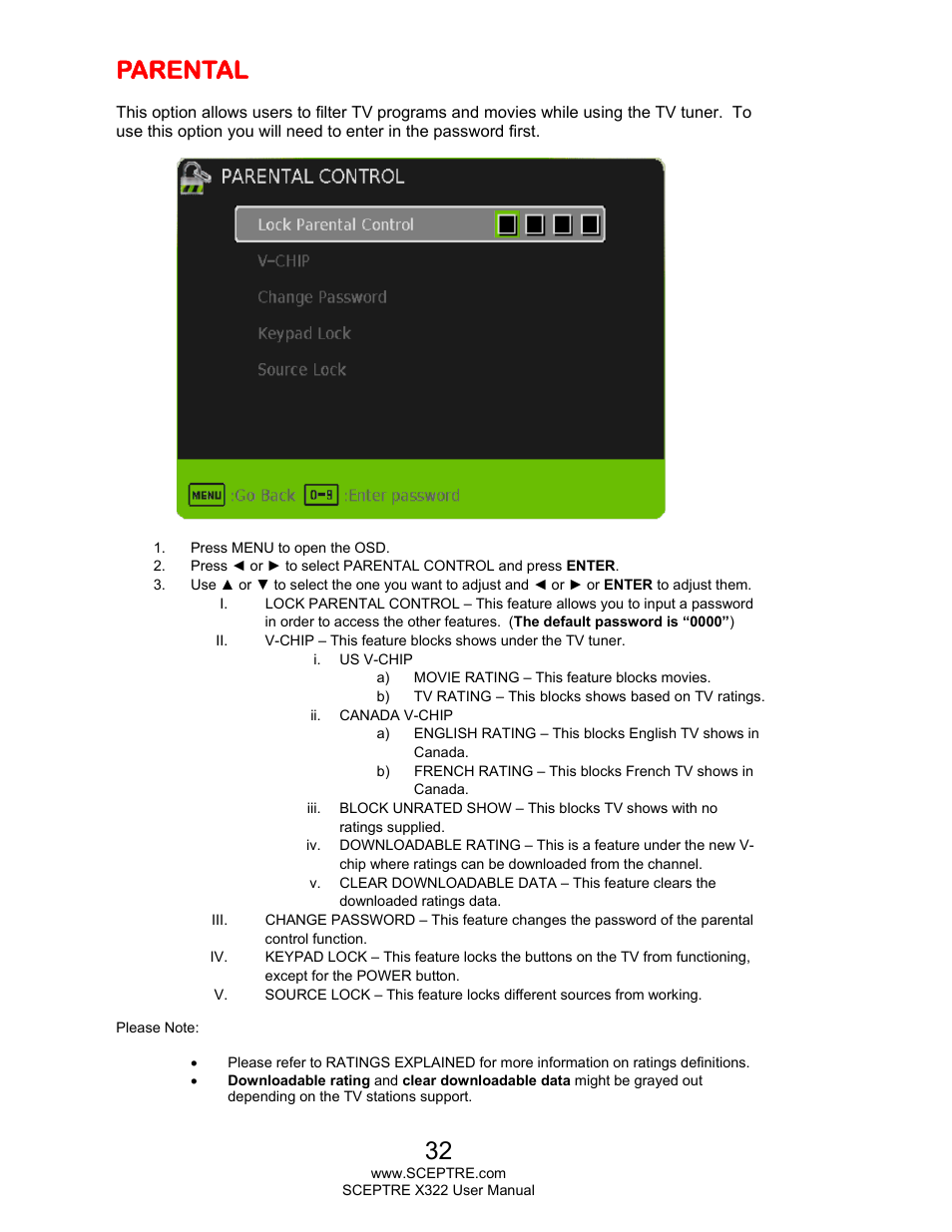 Parental | Sceptre X322UV-HDR User Manual | Page 32 / 52