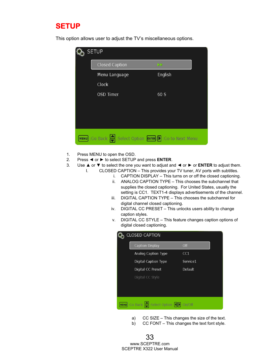 Setup | Sceptre X322UV-HDR User Manual | Page 33 / 52