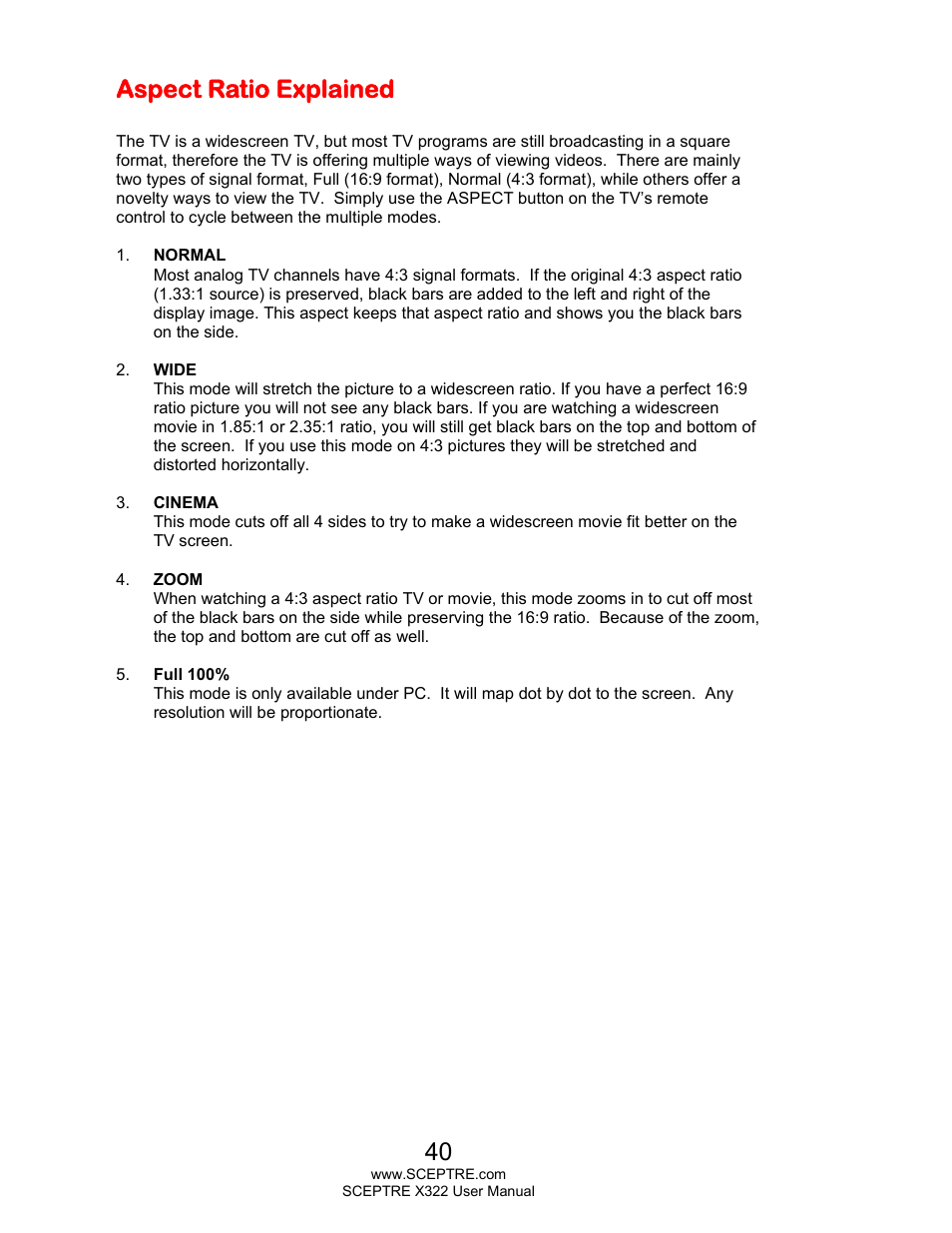 Aspect ratio explained | Sceptre X322UV-HDR User Manual | Page 40 / 52