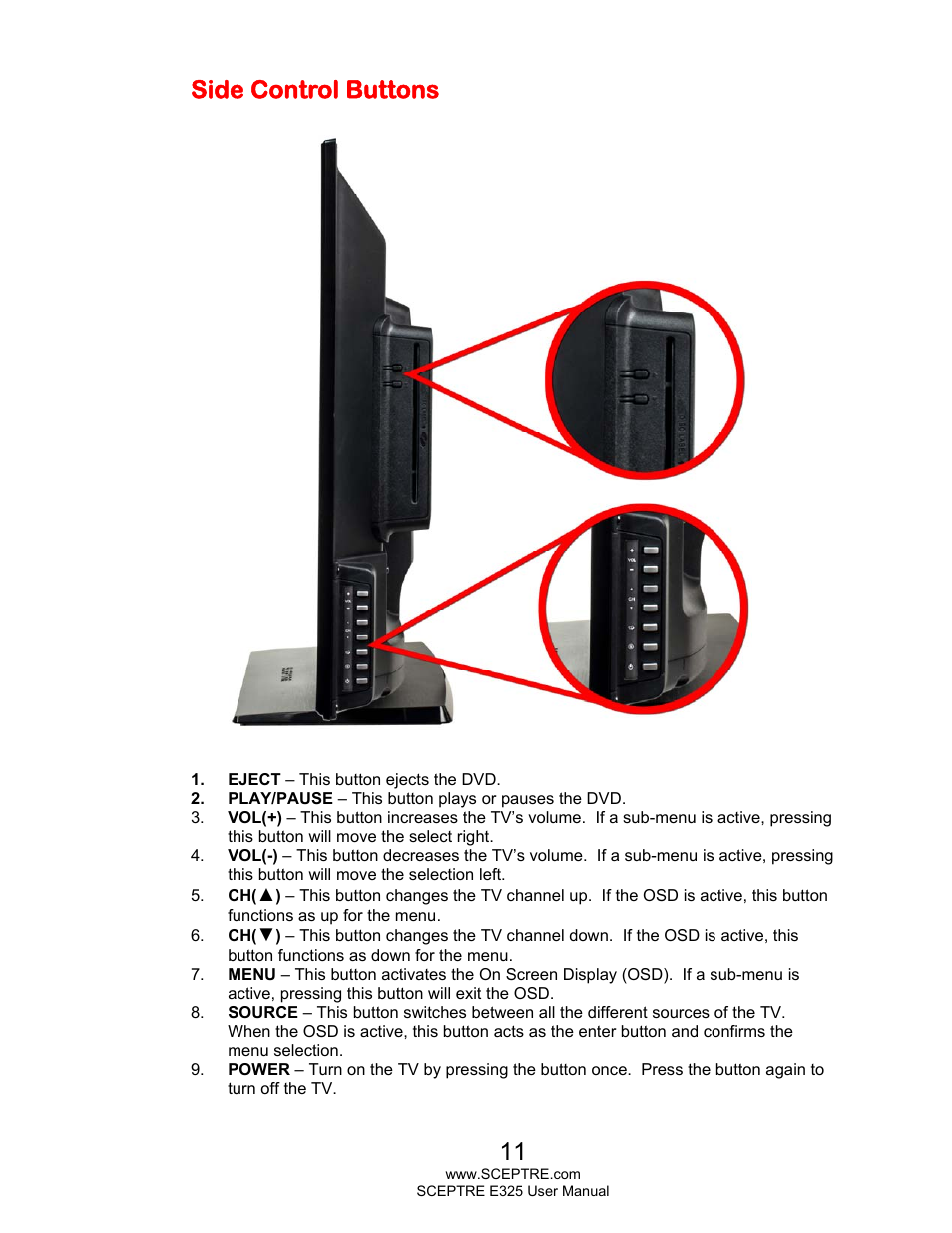 Side control buttons | Sceptre E325LD-HDR User Manual | Page 11 / 58