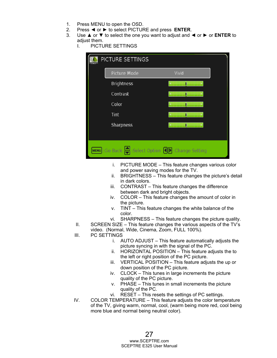 Sceptre E325LD-HDR User Manual | Page 27 / 58