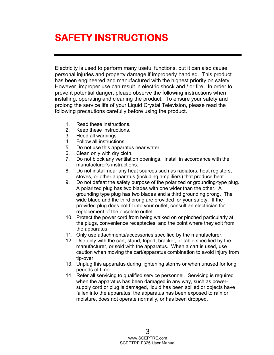 Safety instructions | Sceptre E325LD-HDR User Manual | Page 3 / 58
