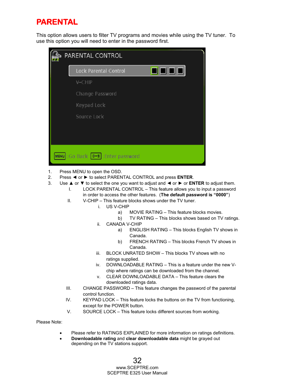 Parental | Sceptre E325LD-HDR User Manual | Page 32 / 58