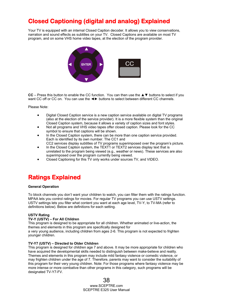 Closed captioning (digital and analog) explained, Ratings explained | Sceptre E325LD-HDR User Manual | Page 38 / 58