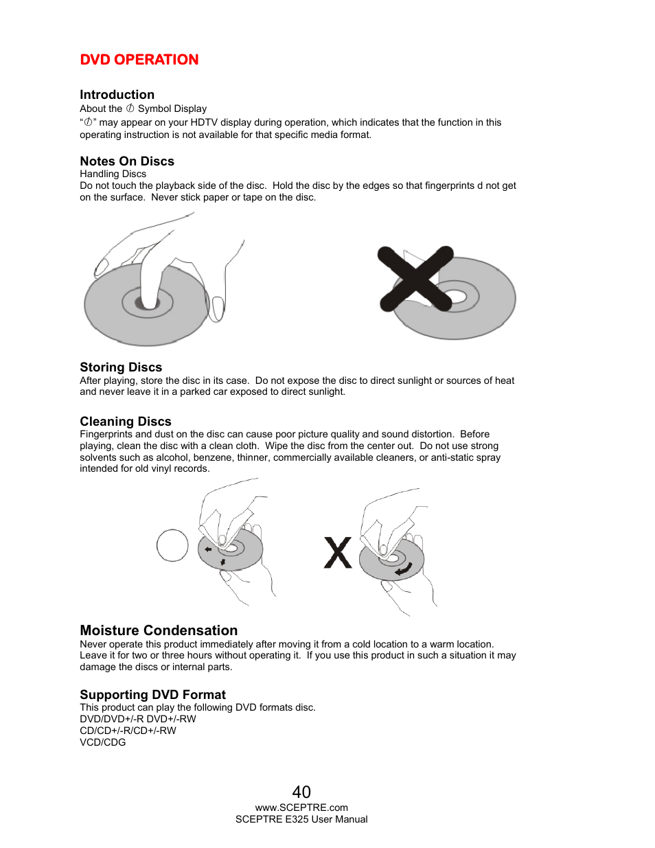 Dvd operation, Moisture condensation | Sceptre E325LD-HDR User Manual | Page 40 / 58