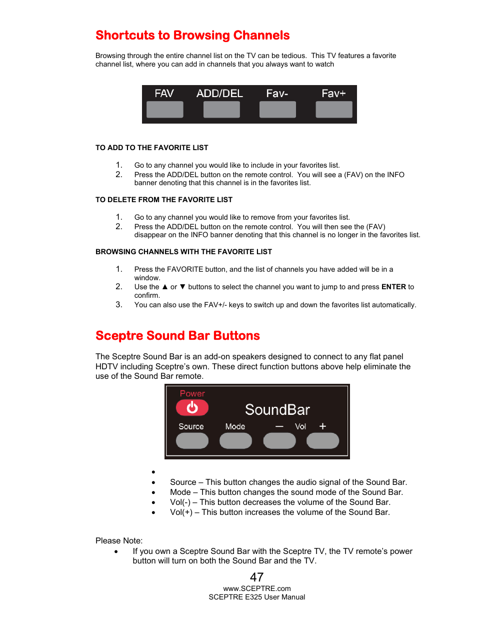 Shortcuts to browsing channels, Sceptre sound bar buttons | Sceptre E325LD-HDR User Manual | Page 47 / 58