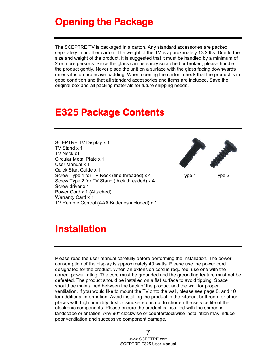 Opening the package, E325 package contents, Installation | Sceptre E325LD-HDR User Manual | Page 7 / 58