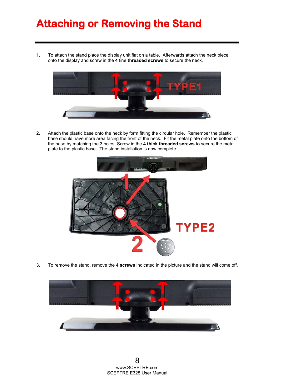 Attaching or removing the stand | Sceptre E325LD-HDR User Manual | Page 8 / 58