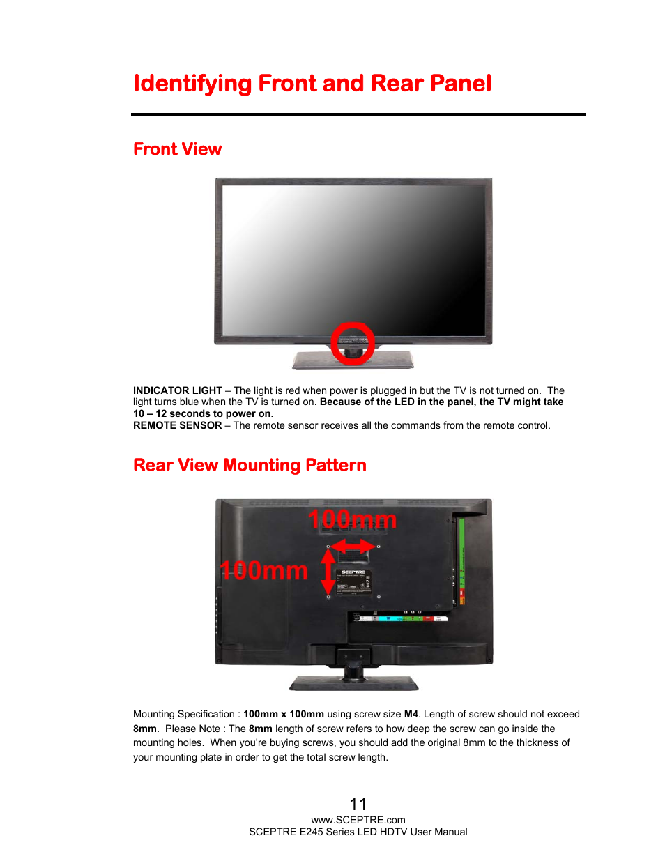 Identifying front and rear panel, Front view, Rear view mounting pattern | Sceptre E245WV-FHDR User Manual | Page 11 / 51