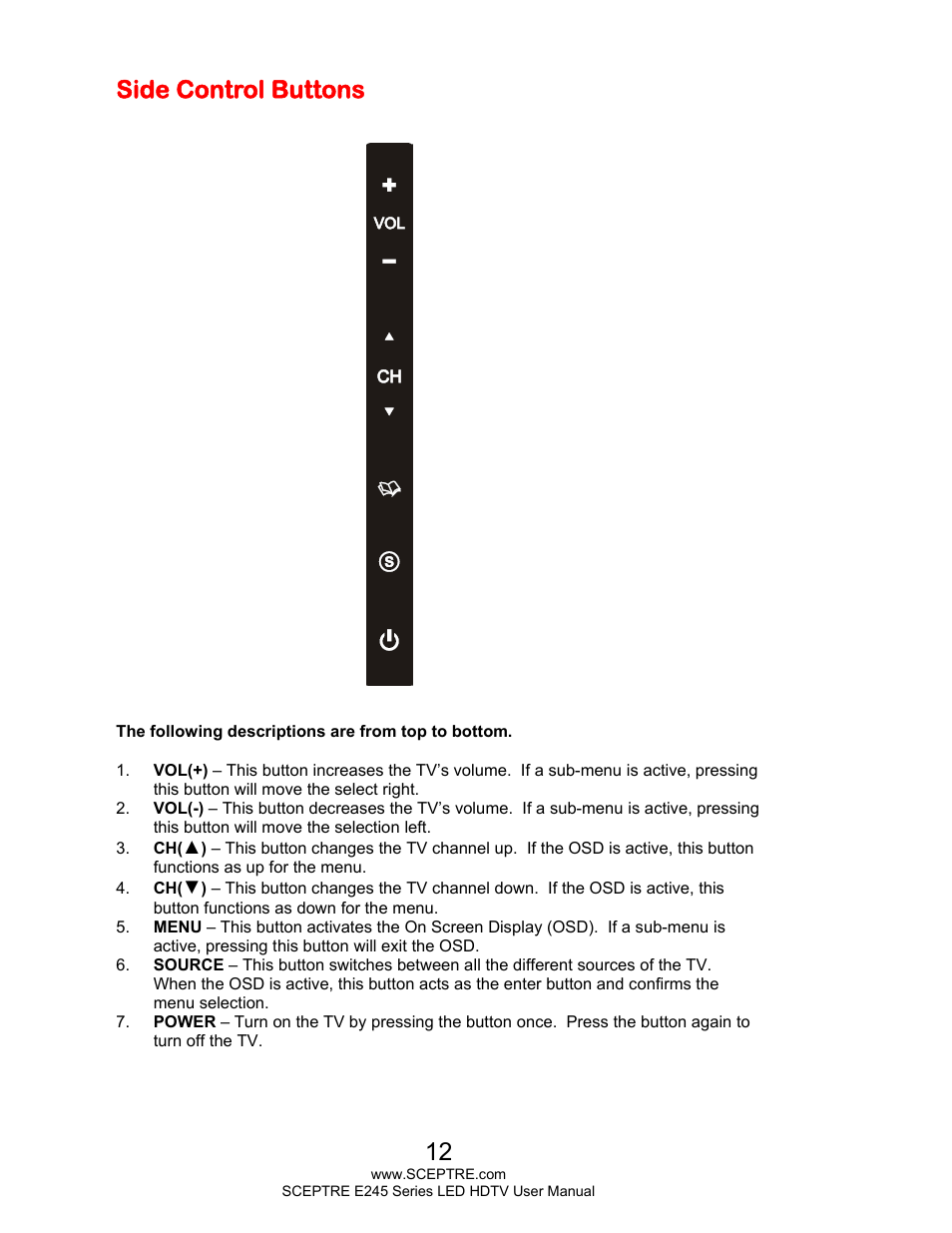 Side control buttons | Sceptre E245WV-FHDR User Manual | Page 12 / 51