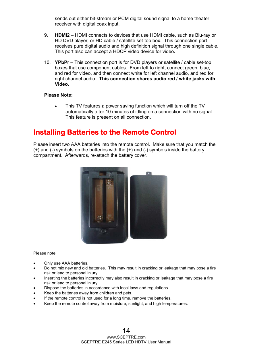 Installing batteries to the remote control | Sceptre E245WV-FHDR User Manual | Page 14 / 51