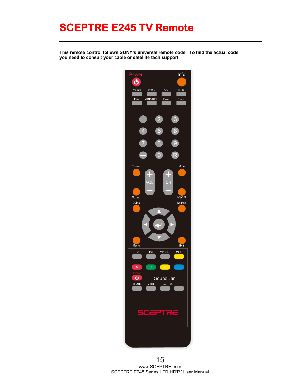 Sceptre e245 tv remote | Sceptre E245WV-FHDR User Manual | Page 15 / 51