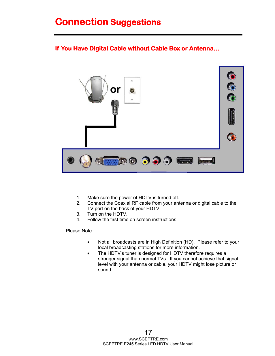 Connection, Suggestions | Sceptre E245WV-FHDR User Manual | Page 17 / 51