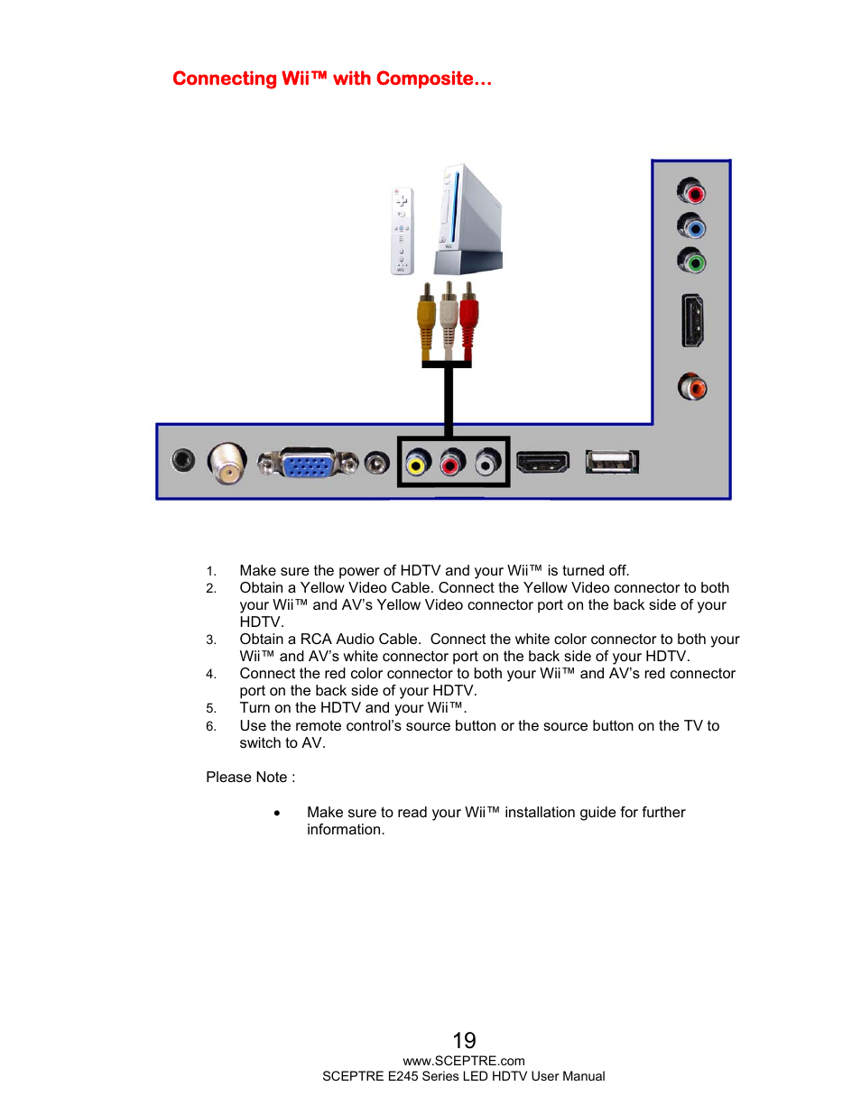 Connecting wii™ with composite | Sceptre E245WV-FHDR User Manual | Page 19 / 51
