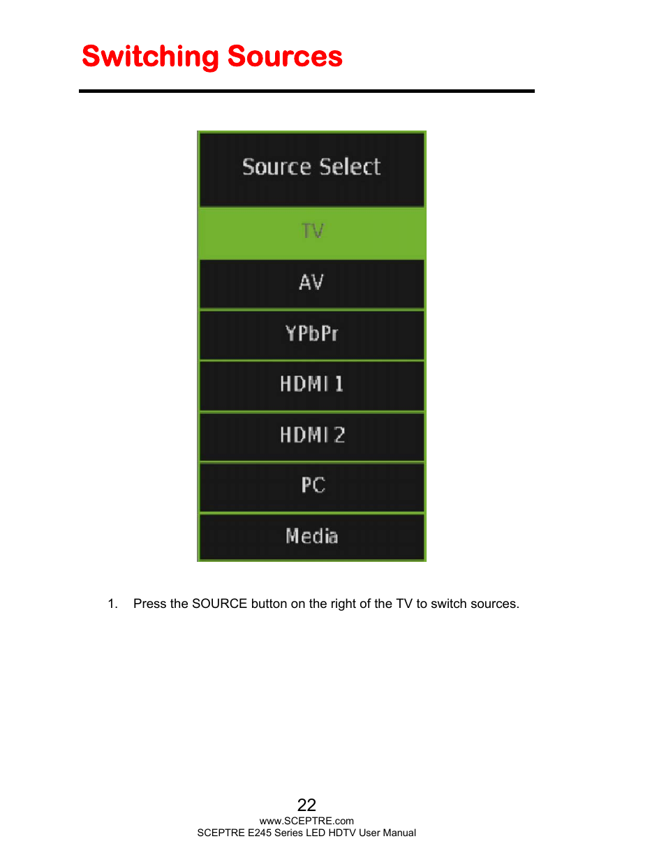 Switching sources | Sceptre E245WV-FHDR User Manual | Page 22 / 51