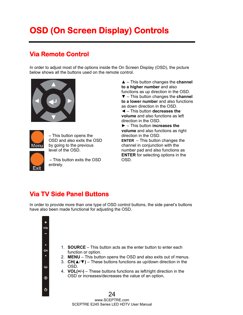 Osd (on screen display) controls, Via remote control, Via tv side panel buttons | Sceptre E245WV-FHDR User Manual | Page 24 / 51