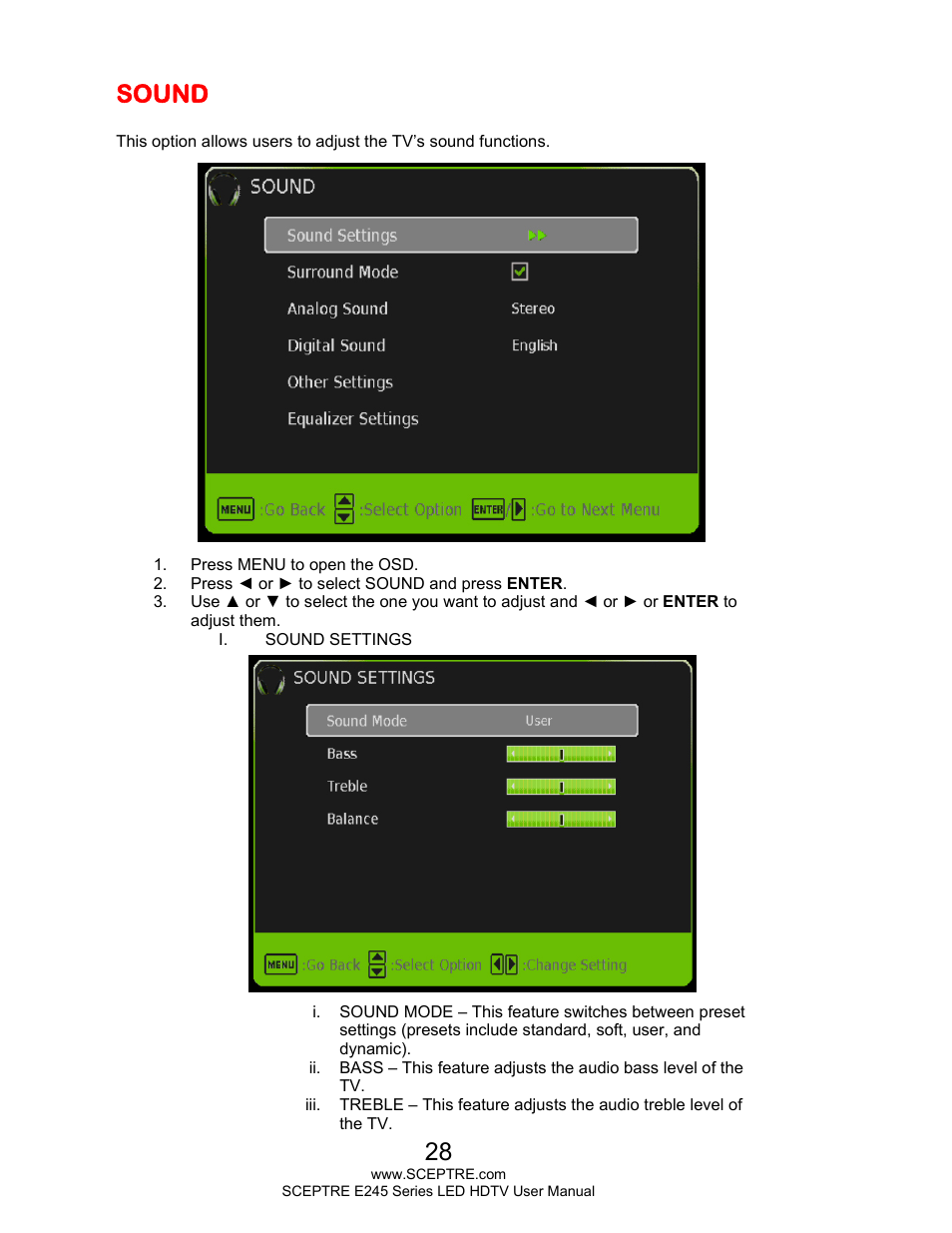 Sound | Sceptre E245WV-FHDR User Manual | Page 28 / 51
