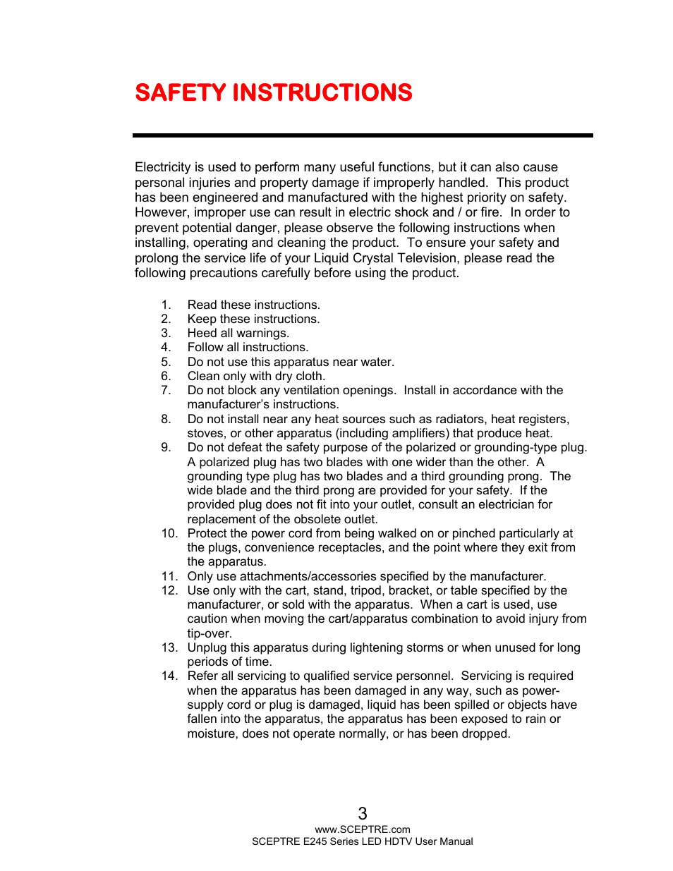 Safety instructions | Sceptre E245WV-FHDR User Manual | Page 3 / 51