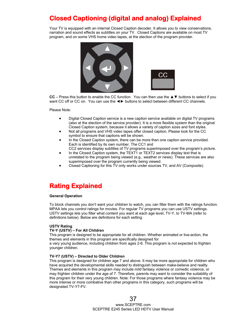 Closed captioning (digital and analog) explained, Rating explained | Sceptre E245WV-FHDR User Manual | Page 37 / 51