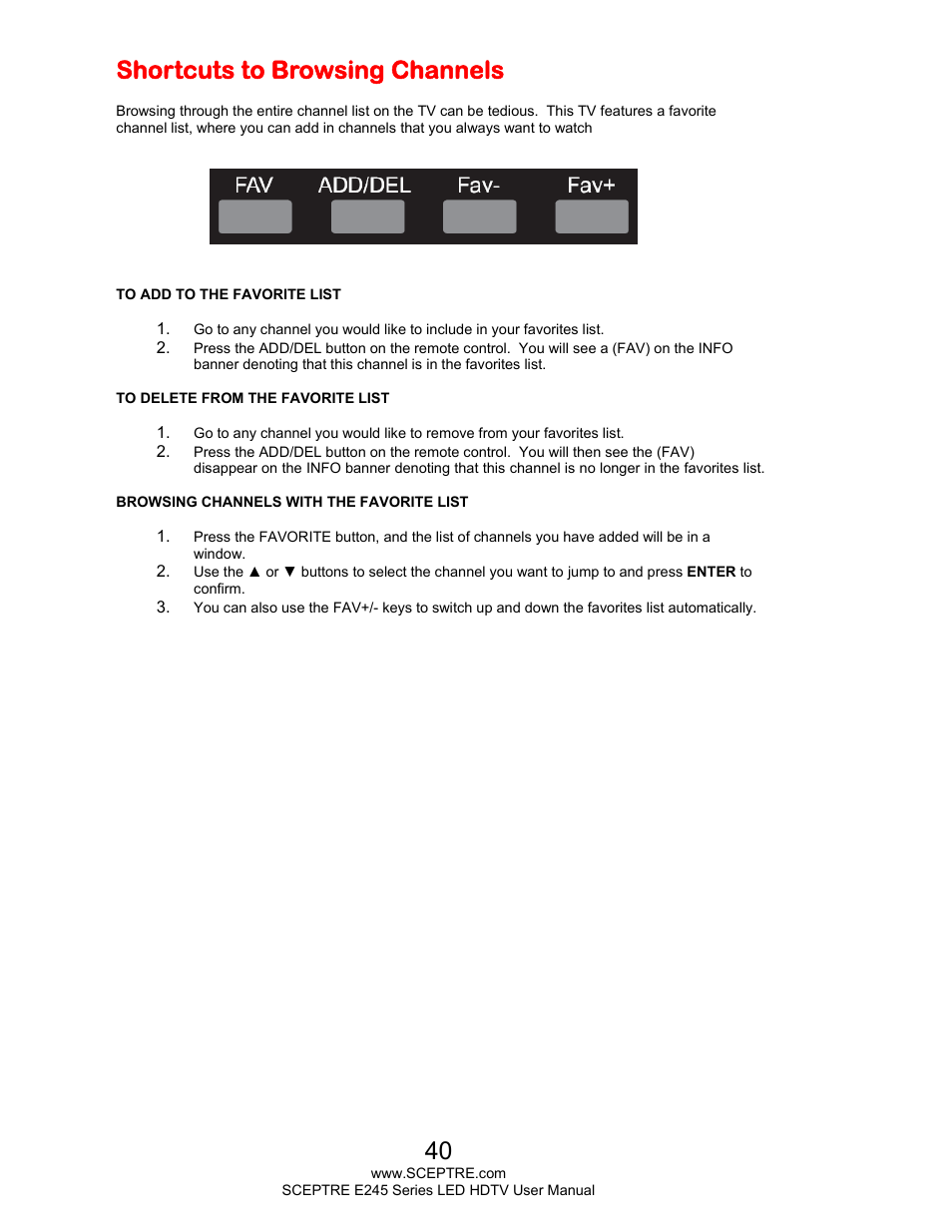 Shortcuts to browsing channels | Sceptre E245WV-FHDR User Manual | Page 40 / 51