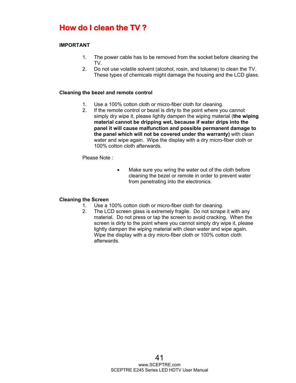 How do i clean the tv | Sceptre E245WV-FHDR User Manual | Page 41 / 51