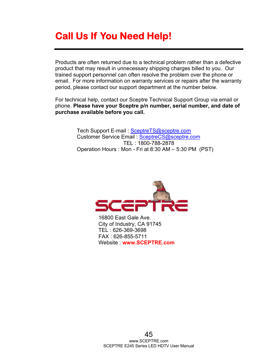 Call us if you need help | Sceptre E245WV-FHDR User Manual | Page 45 / 51